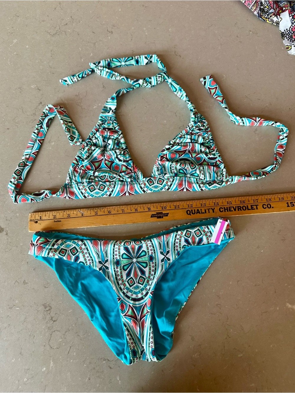 BECCA Rebecca Virtue NWT Geometric Boho Triangle Bikini Ruched Back Halter Swim